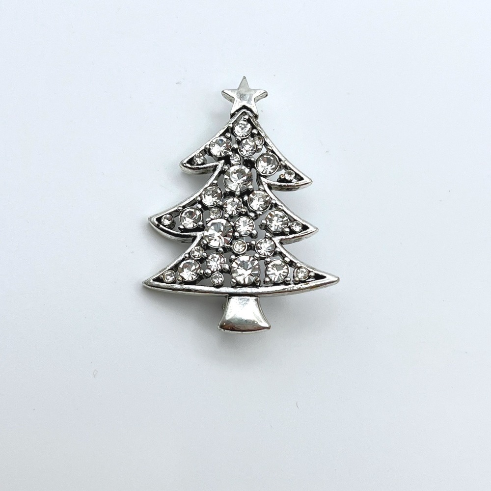 Liz Claiborne Christmas Tree Brooch Silver Tone Clear Rhinestone Star Pin LC